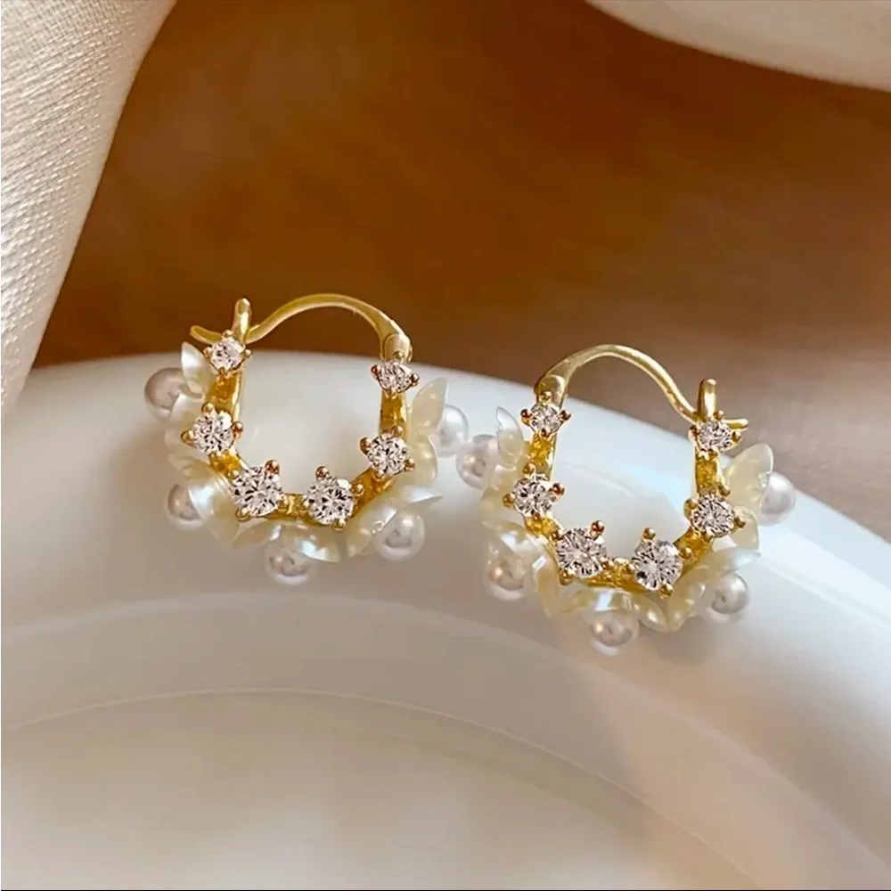Pearl Hoop Earrings Floral CZ Accents Romantic Statement Jewelry NWT - Picture 3 of 6